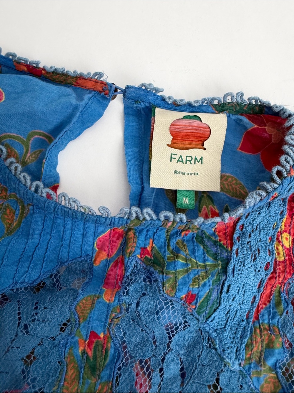 farm rio blue floral Blouse Bubble Sleeve With Tassels Tropical Island Beach - Picture 9 of 12